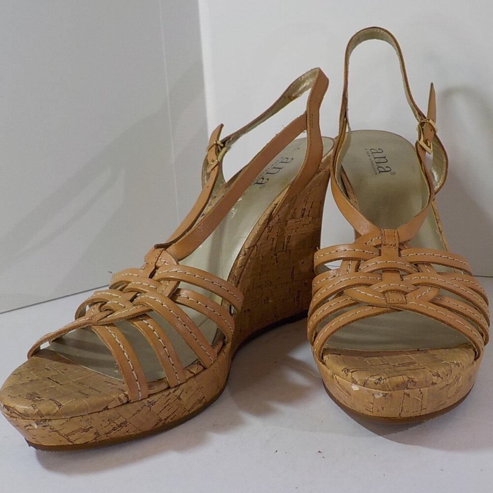 Tan Leather A.N.A. Sandals with Stitched Woven Detail and Cork  Heel